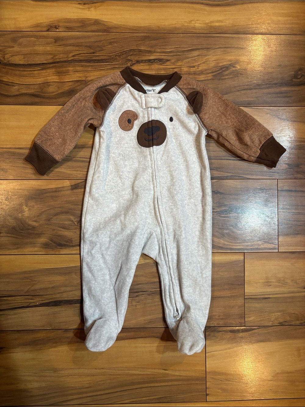 Carter's Cream and Brown Bear Fleece Footed One-Piece